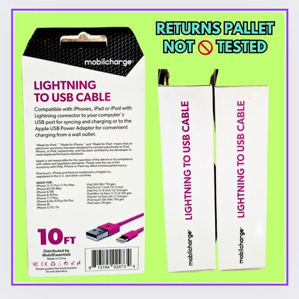 🥳1-APPLE-LIGHTNING USB QUICK CHARGER/PINK 10ft. PALLET RETURN NOT 🚫 TESTED